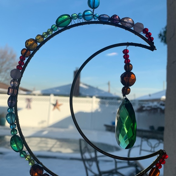 Hand Crafted Multicolor Beaded Crescent Light Catcher - Picture 2 of 13